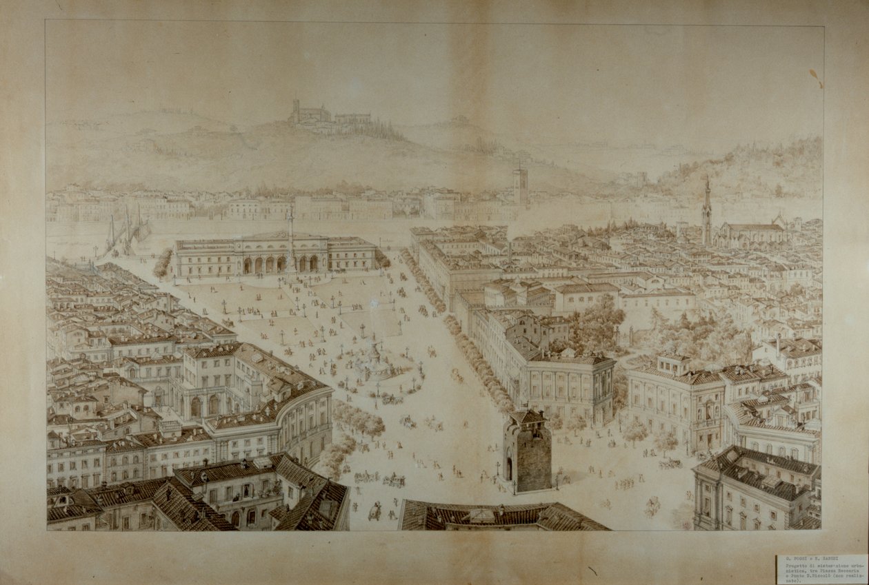 Föreslaget utvecklingsprojekt, mellan Piazza Beccaria och Ponte San Niccolo, Florens av Giuseppe and Sanesi, Nicola Poggi