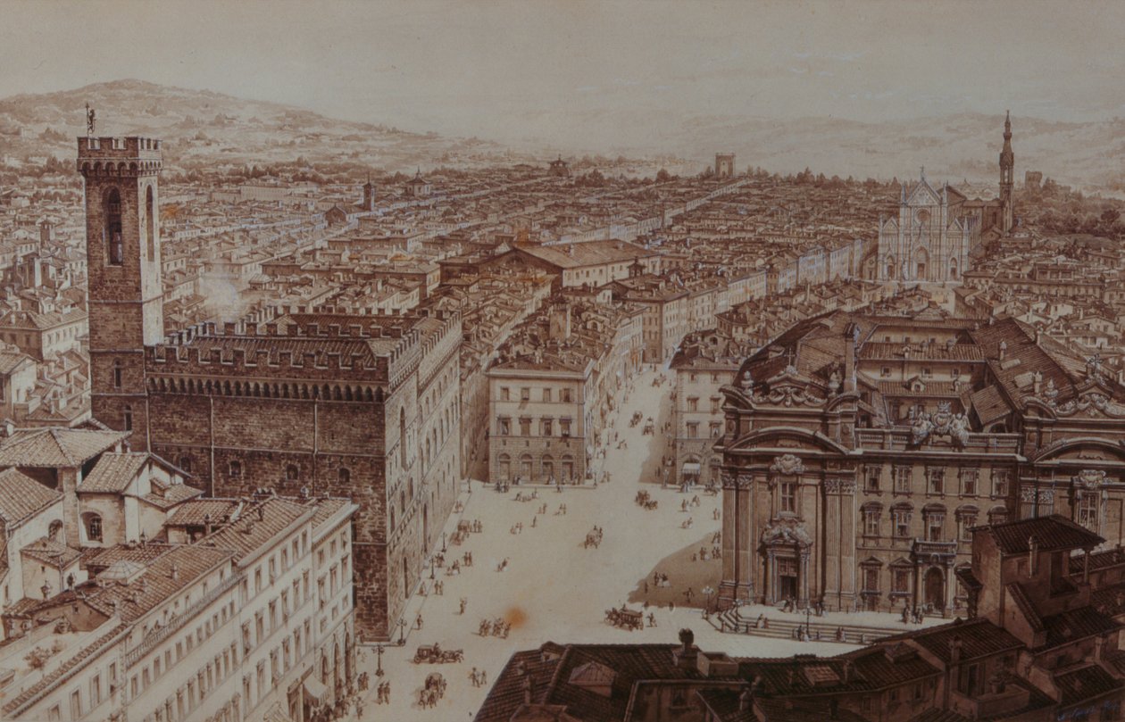 Utsikt över Piazza di San Firenze och Piazza Santa Croce, Florens av Giuseppe and Sanesi, Nicola Poggi
