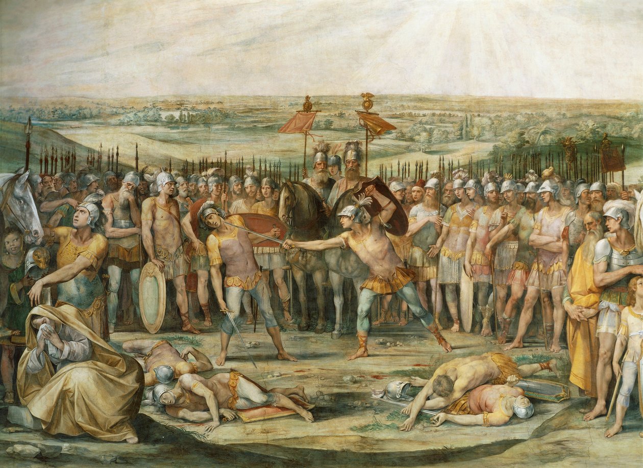 Strid mellan Horatii och Curiatii, av Giuseppe Cesari (1568-1640), fresk, Hall of the Horatii och Curiatii, Palace Conservatories, Rom. Romarriket, Italien, 700-talet f.Kr. av Giuseppe Cesari
