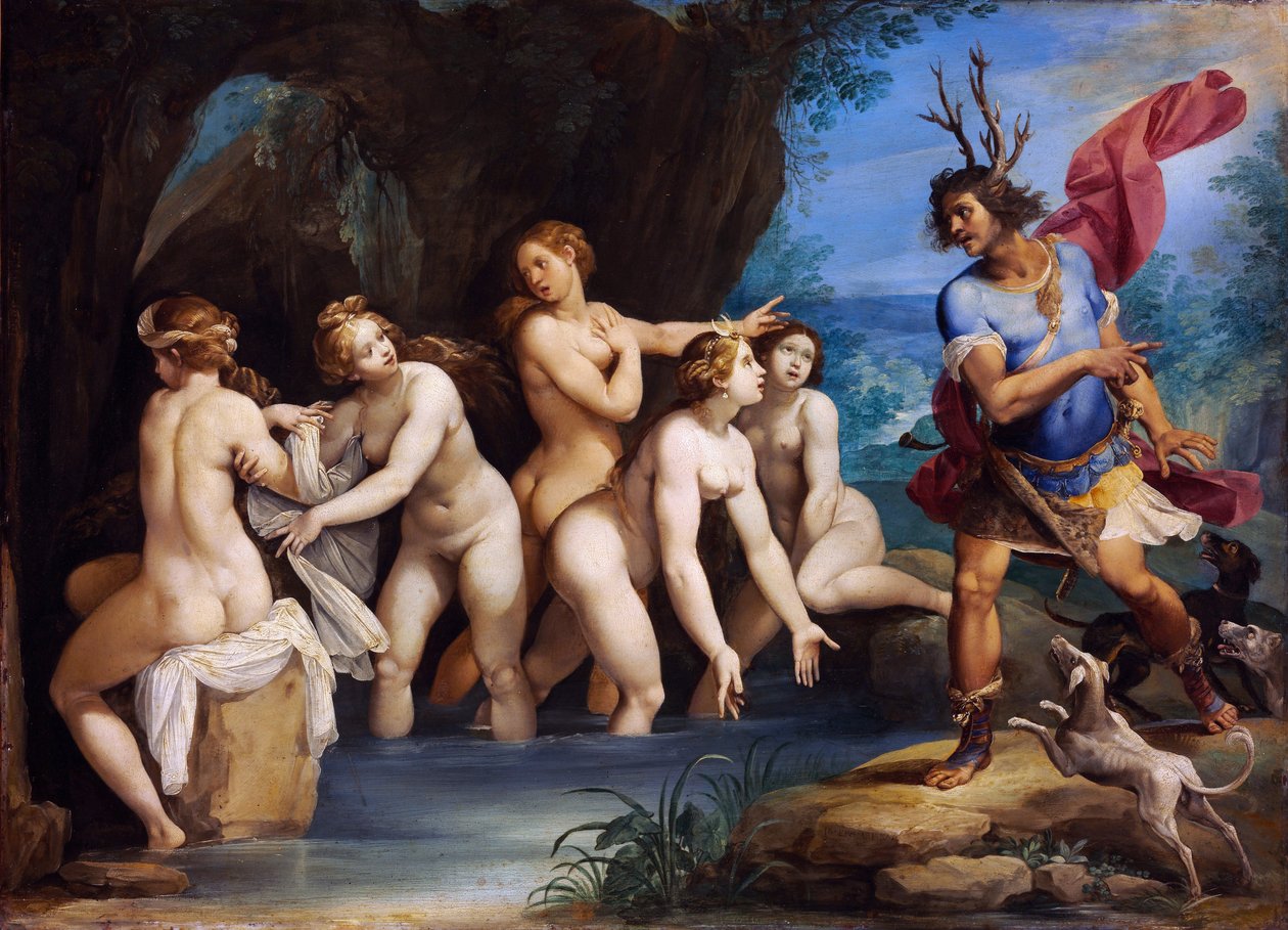 Diana och Actaeon - Målning av Giuseppe Cesari (1568-1640), olja på koppar, cirka 1604, 50x69 cm - Diana och Actaeon, Olja på koppar av Giuseppe Cesari - Szepmuveszeti Muzeum, Budapest av Giuseppe Cesari