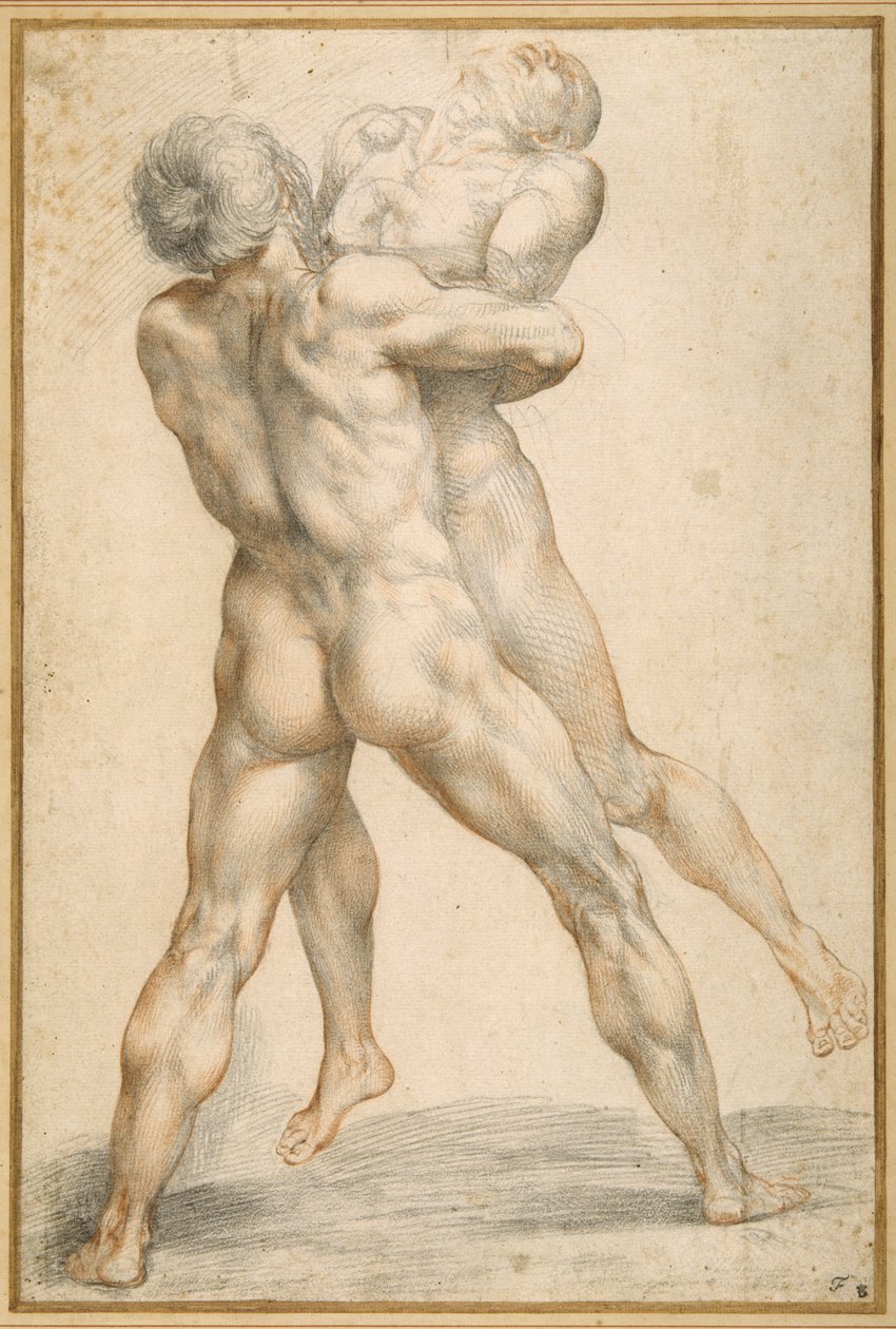 Hercules brottas med Antaeus (svarta och röda krita på vitt papper) av Giuseppe Cesari