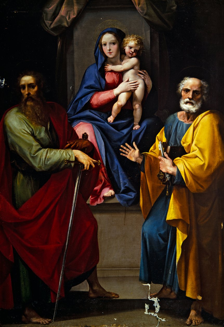 Madonna och barn med Sankt Paulus och Sankt Petrus (olja på duk) av Giuseppe (1568 1640) Cesari