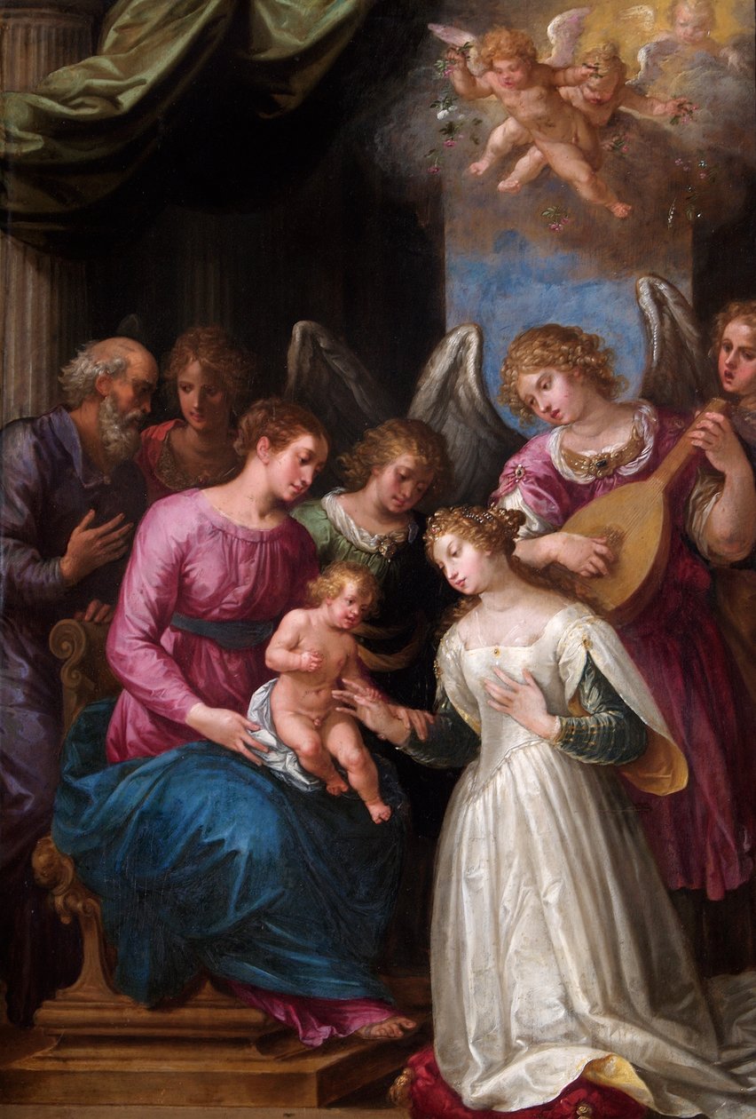 The Mystic Marriage of St. Catherine (olja på valnötspanel) av Giuseppe (1568 1640) Cesari