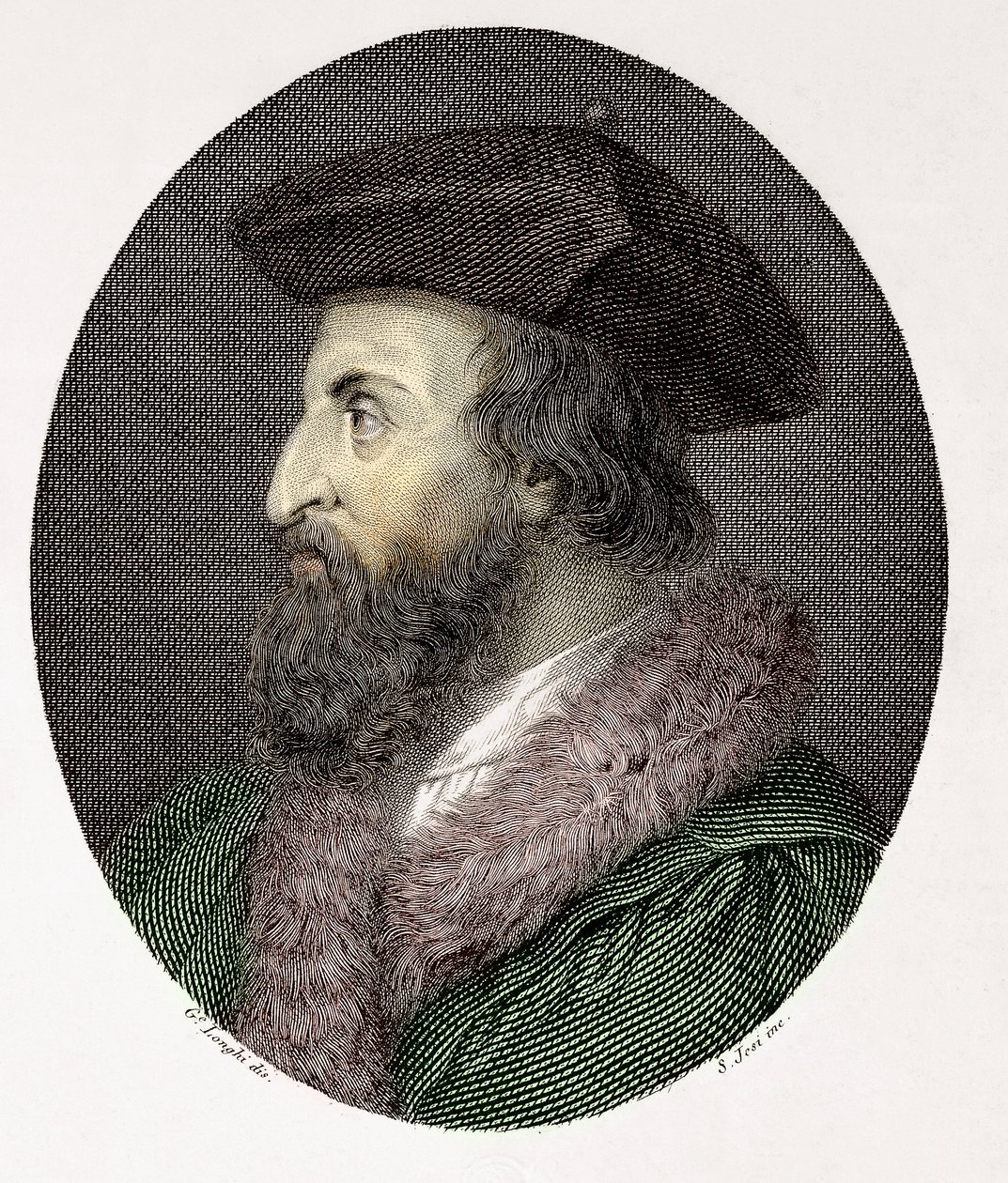 Porträtt av den italienske läkaren, poeten och humanisten Girolamo Fracastoro (Hieronymus Fracastorius eller Jerome Fracastor) (1478/83-1553) Gravyr Privat samling av Giuseppe (after) Longhi