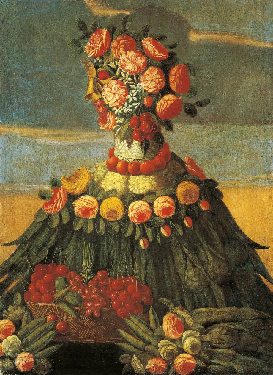 Italien, Florens, Våren, korg med körsbär med blommor av Giuseppe (follower of) Arcimboldo