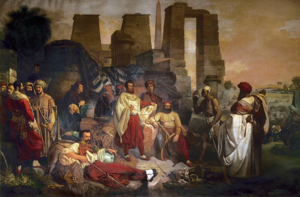 Egyptologen Jean Francois Champollion sitter i centrum, omgiven av Ippolito Rosellini och Gaetano Rossellini av Giuseppe Angelelli
