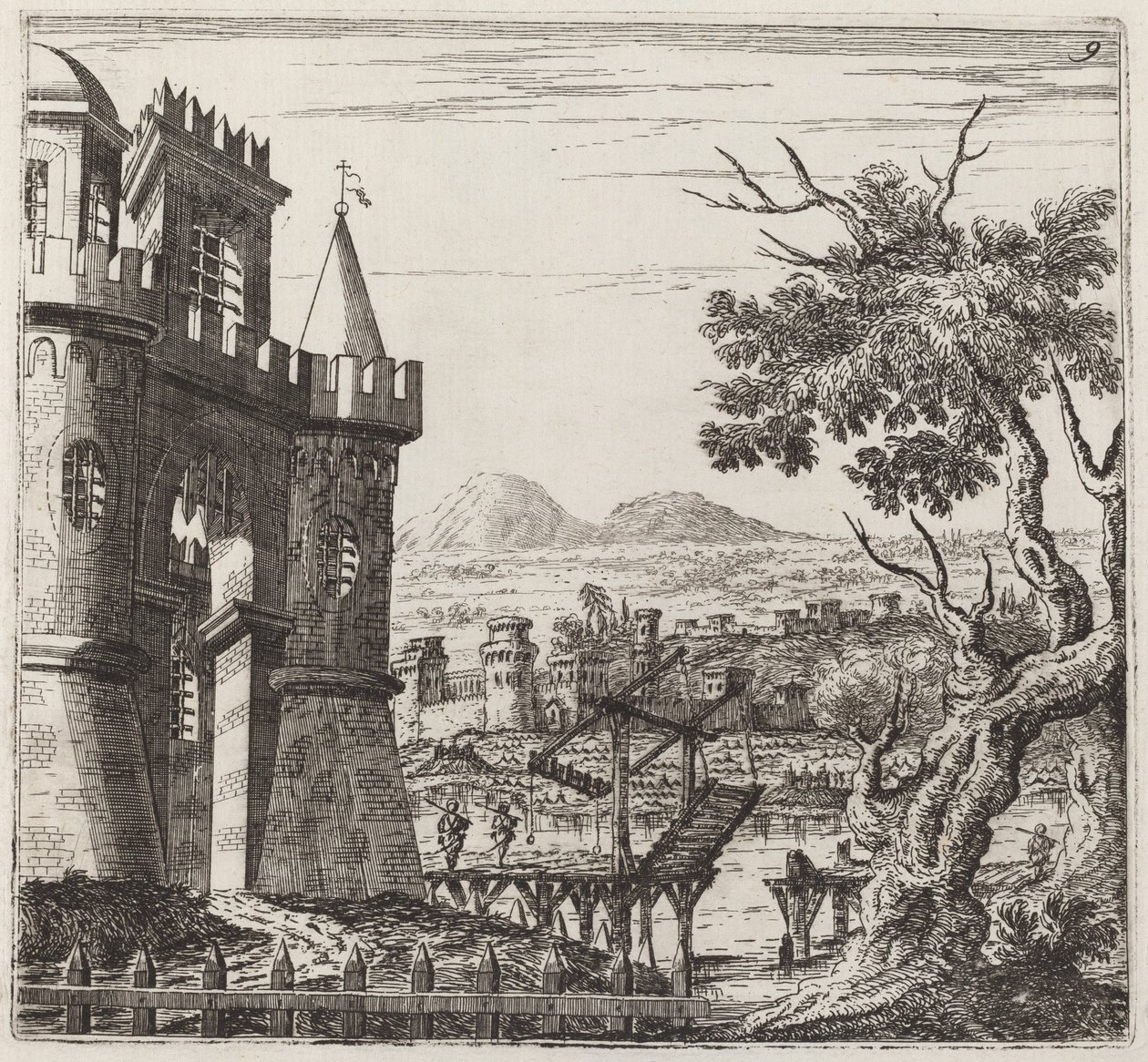 Landskap med ett slott och en vindbro av Giuseppe Antonio Landi