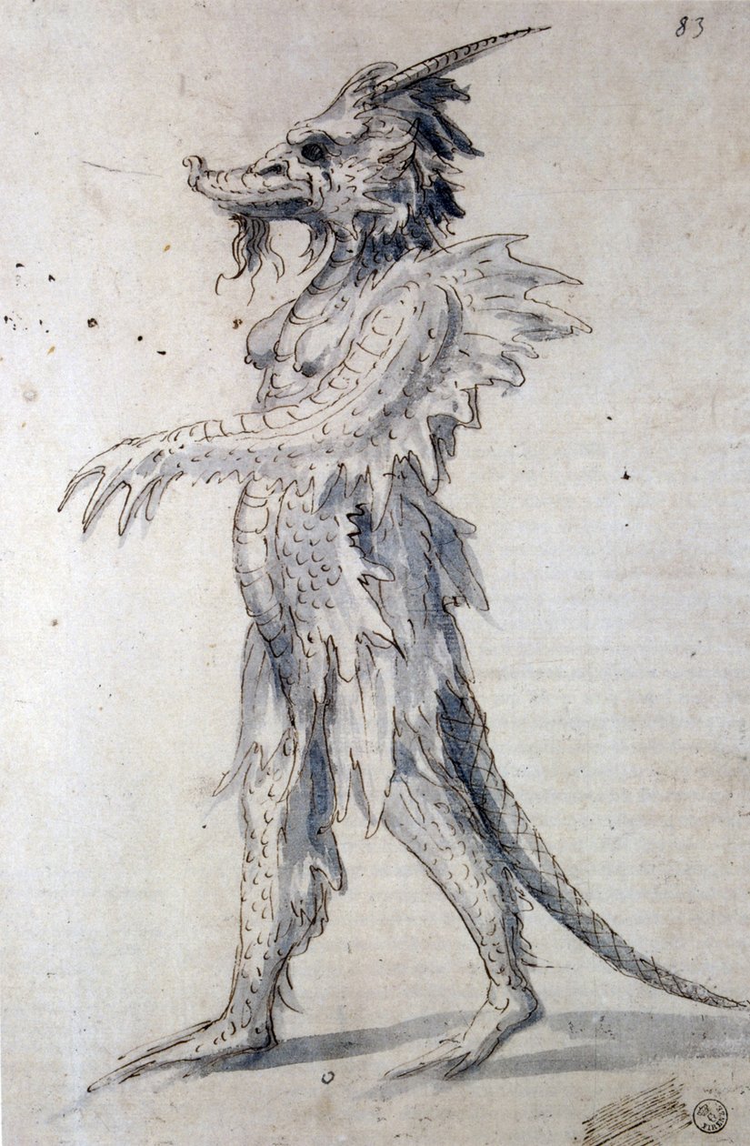 Design för en drake (penna, blått bläck och akvarell på papper) av Giuseppe Arcimboldo