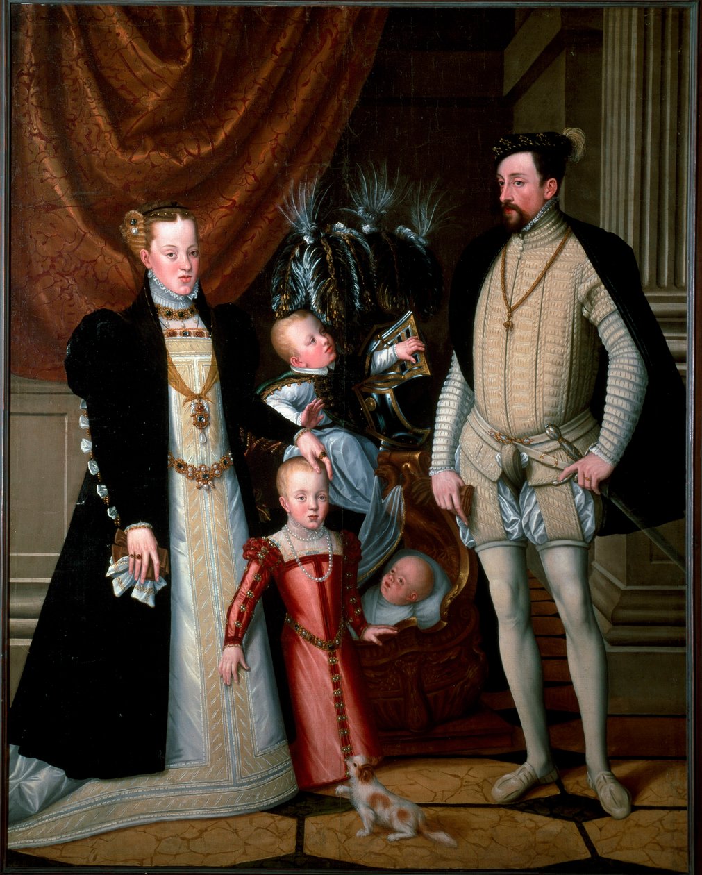 Kejsar Maximilian II (1527-1576) med sin familj: Maria av Spanien (1528-1603) och deras barn Anne (1549-1580), Rodolph (1552-1612) och Ernest (1553-1591) Målning av Giuseppe Arcimboldi (eller Arcimboldo) (1527-1593) 1553 Sön. 188x240 cm Ambras Castle, In av Giuseppe Arcimboldo