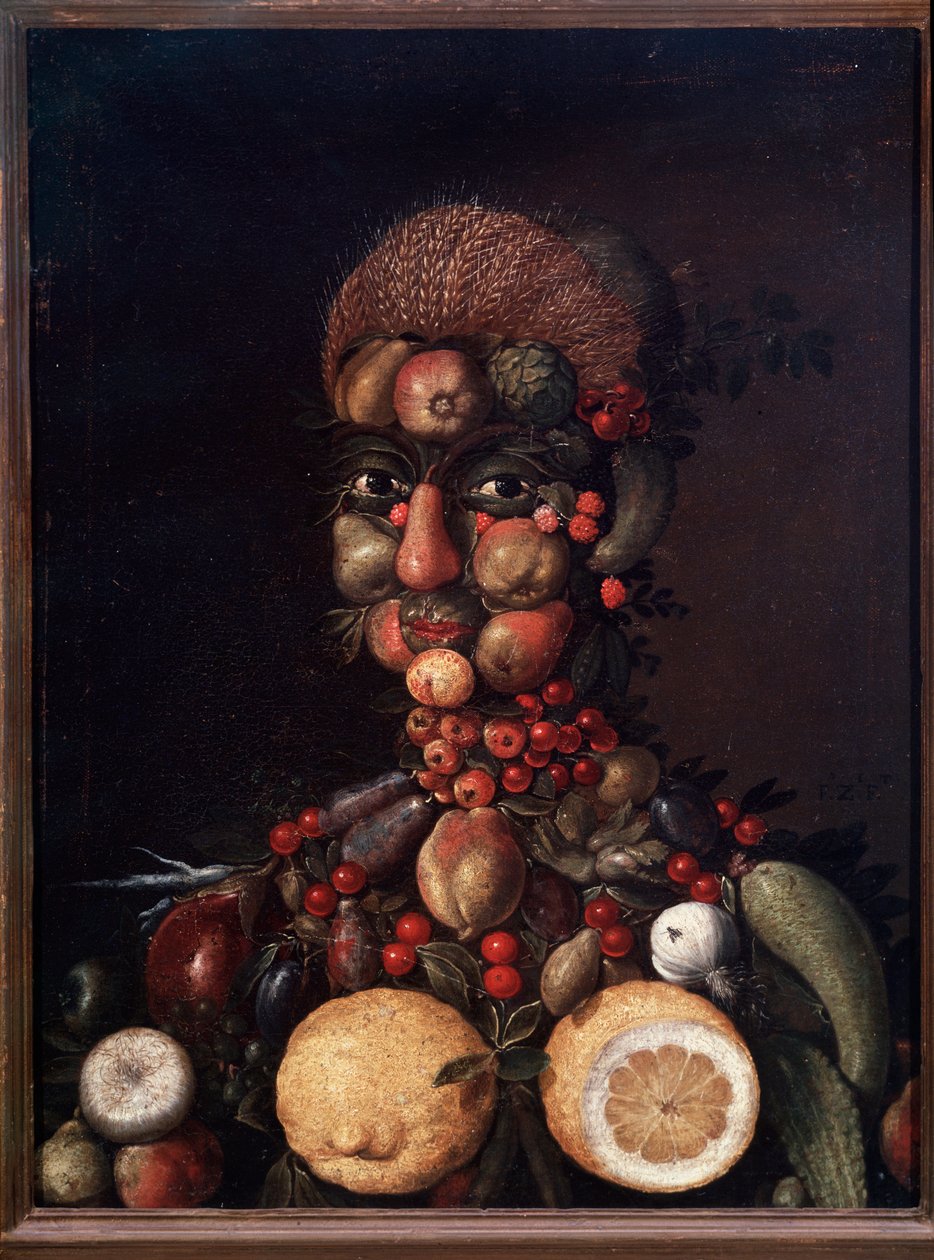 Människofigur gjord av frukt och grönsaker (målning av Giuseppe Arcimboldo