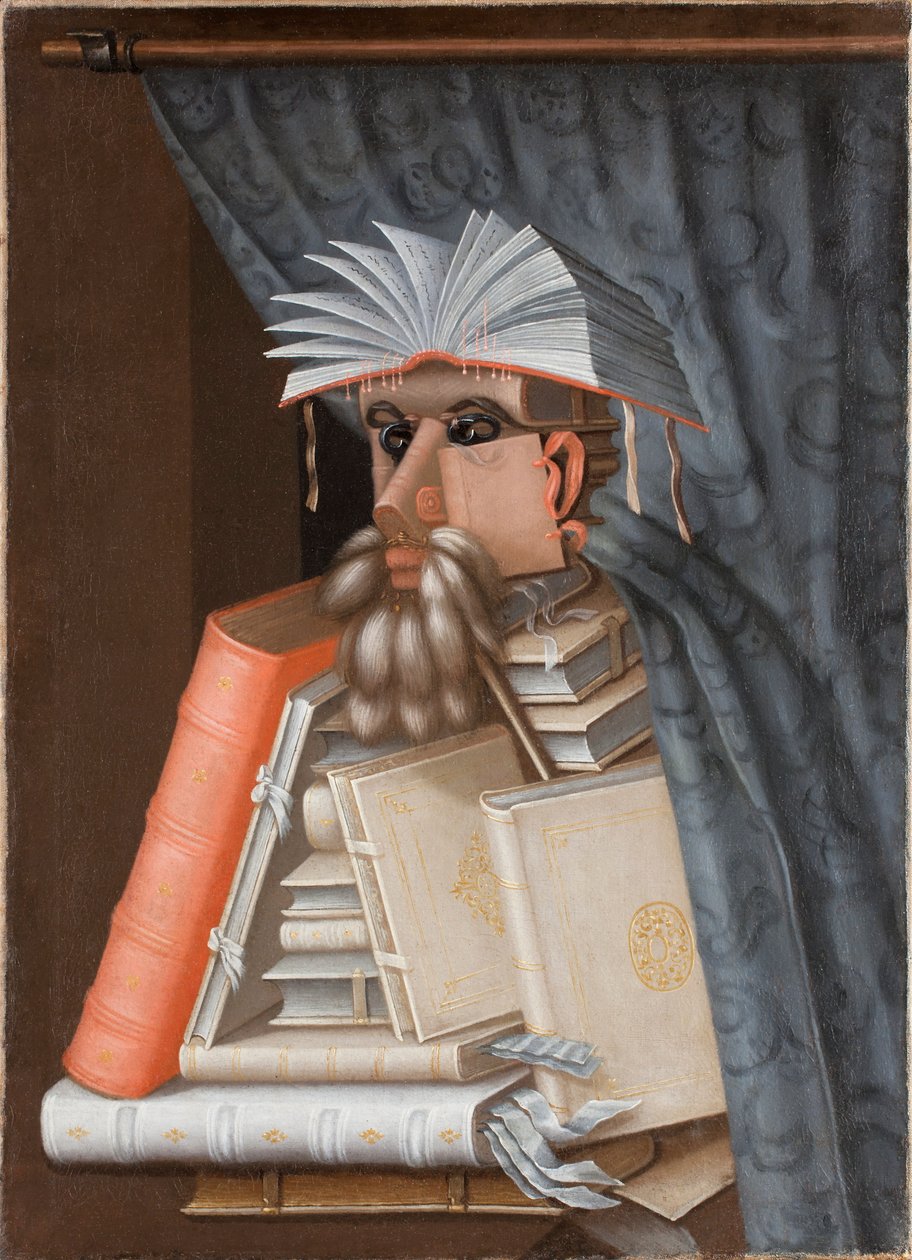 Porträttkarikatyren "Bibliotekarien", troligen av den lärde Wolfgang Lazius (1514-1565) av Giuseppe Arcimboldo