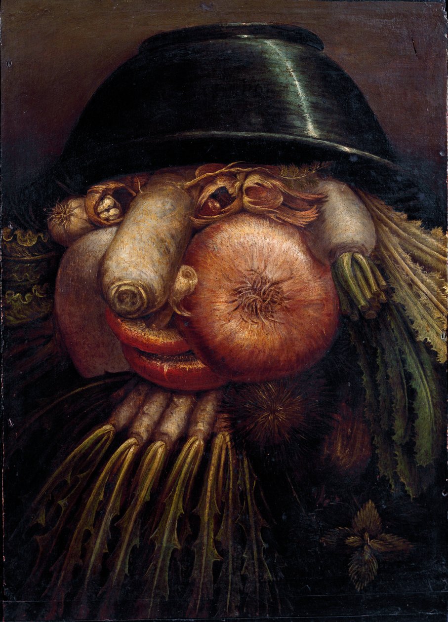 Porträtt med grönsaker (Maraichern). Bland grönsakerna och frukterna representerade: nötter, rädisa, svamp, vitlök, kastanj, lök, sallad, hasselnöt och kålrot. Målning av Giuseppe Arcimboldi (Arcimboldo) (1527-1593) Cremona, Pinacoteca Comunale av Giuseppe Arcimboldo