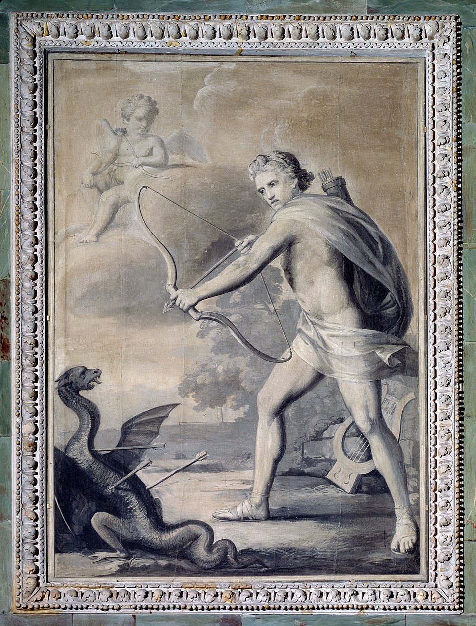 Apollon dödar ormen Python (monokrom teckning av Giuseppe Bacigalupo
