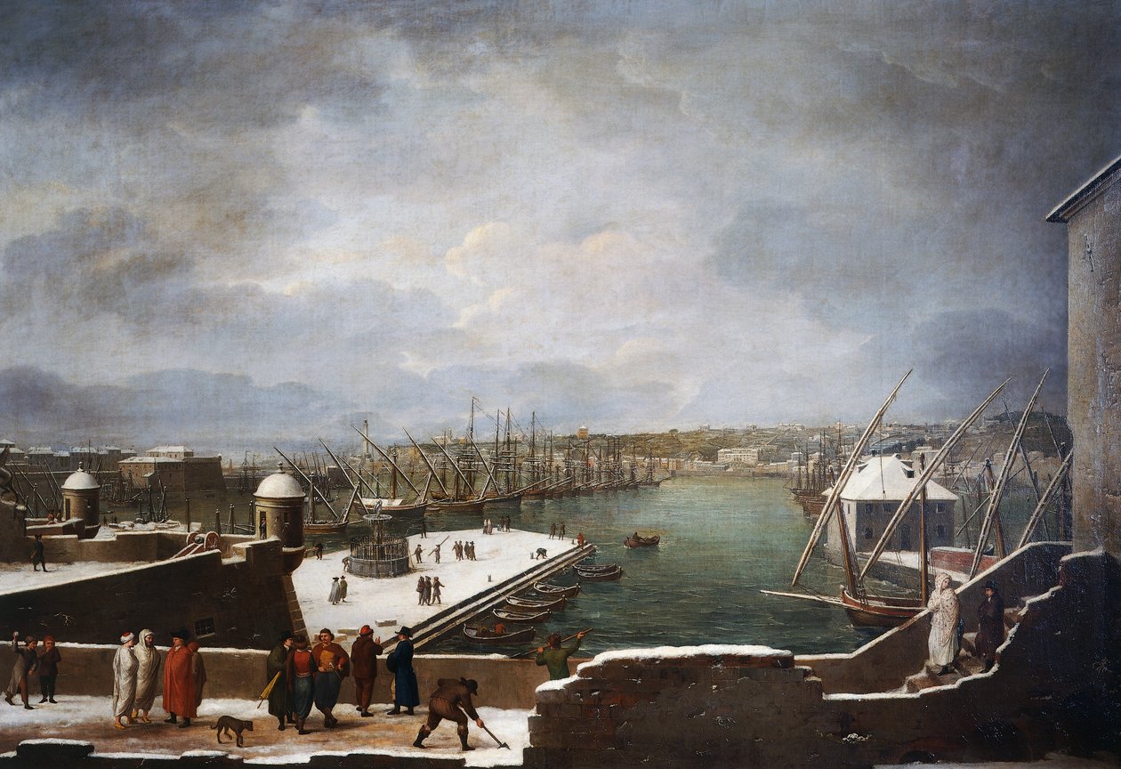 Utsikt över hamnen i Genua i snön av Giuseppe Bacigalupo