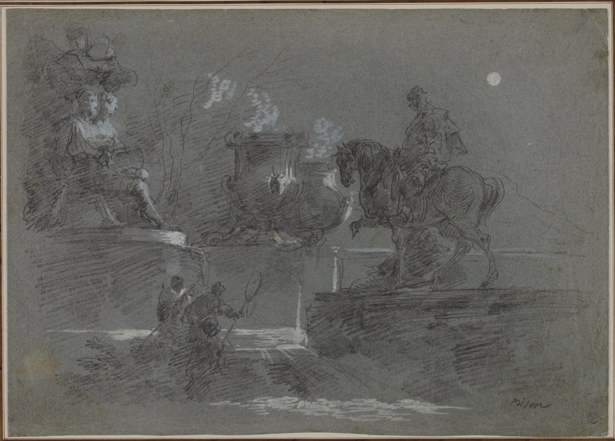 Monumental skulptur i en månbelyst park, ca. 1842. av Giuseppe Bernardino Bison