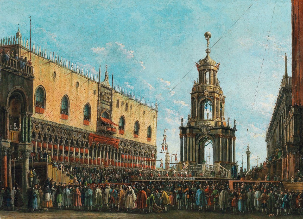 Giovedì Grasso-festivalen framför hertigpalatset i Venedig, 1830-talet. av Giuseppe Bernardino Bison