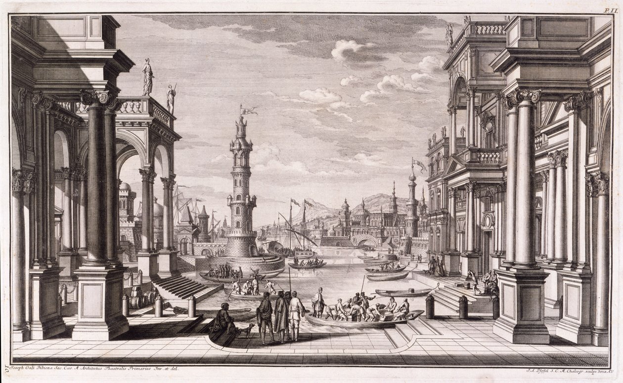 Liten hamn med kolonner i barockstil, från 