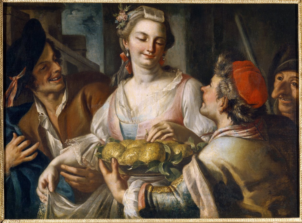 Karneval (karneval). Populär festscen i Venedig, en ung man erbjuder ett fruktfat till en ung kvinna som griper ett äpple, omgiven av karaktärer, varav en har en grotesk mask från commedia dell