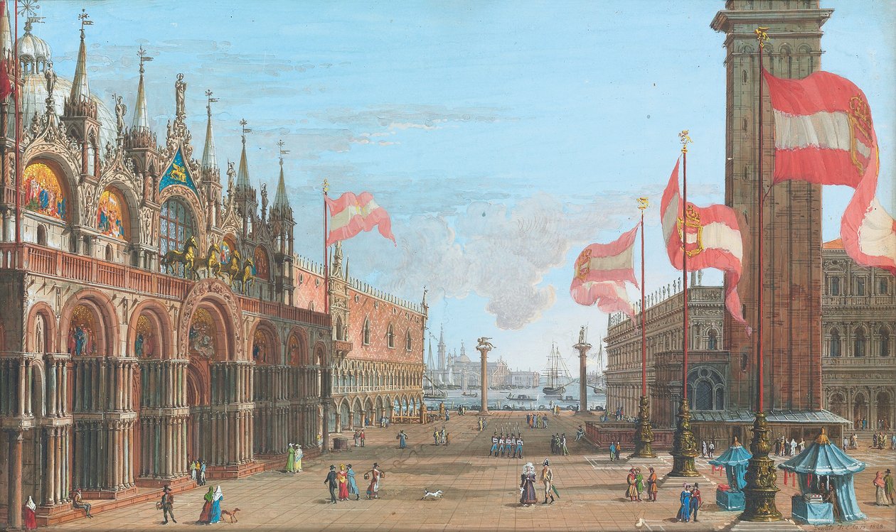 Utsikt över Markusplatsen, Venedig, med Palazzo Ducale och Campanile, 1828 av Giuseppe Borsato