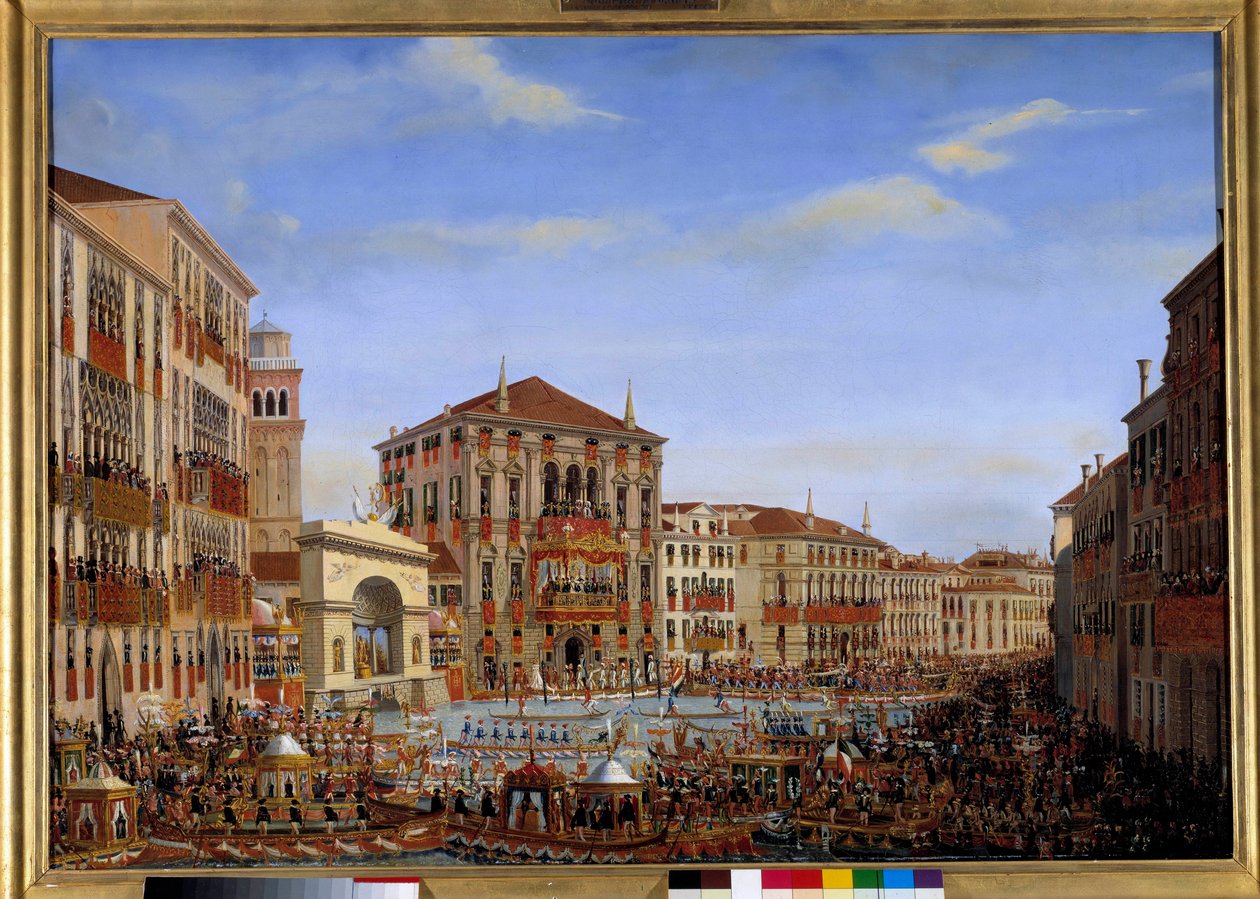 Besök av Napoleon I i Venedig från 28 november till 8 december 1807: Kejsaren som leder regatterna på Canal Grande från balkongen på Baldipalatset, anländer från loppet, 2 december 1807 Målning av Giuseppe Borsato (1771-1849). 1807 Sön. 0,65 x av Giuseppe Borsato