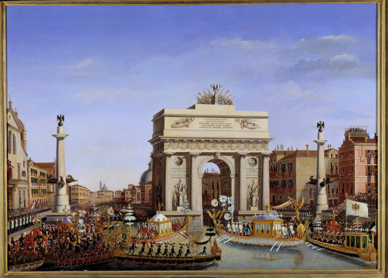 Besök av Napoleon I i Venedig från 28 november till 8 december 1807: kejsarens ingång i gondol på Canal Grande Procession av gondoler. Målning av Giuseppe Borsato (1771-1849) 1800-talet sön. 0,65x0,90 m. - Napoleons besök i Venedig från 28 nr av Giuseppe Borsato
