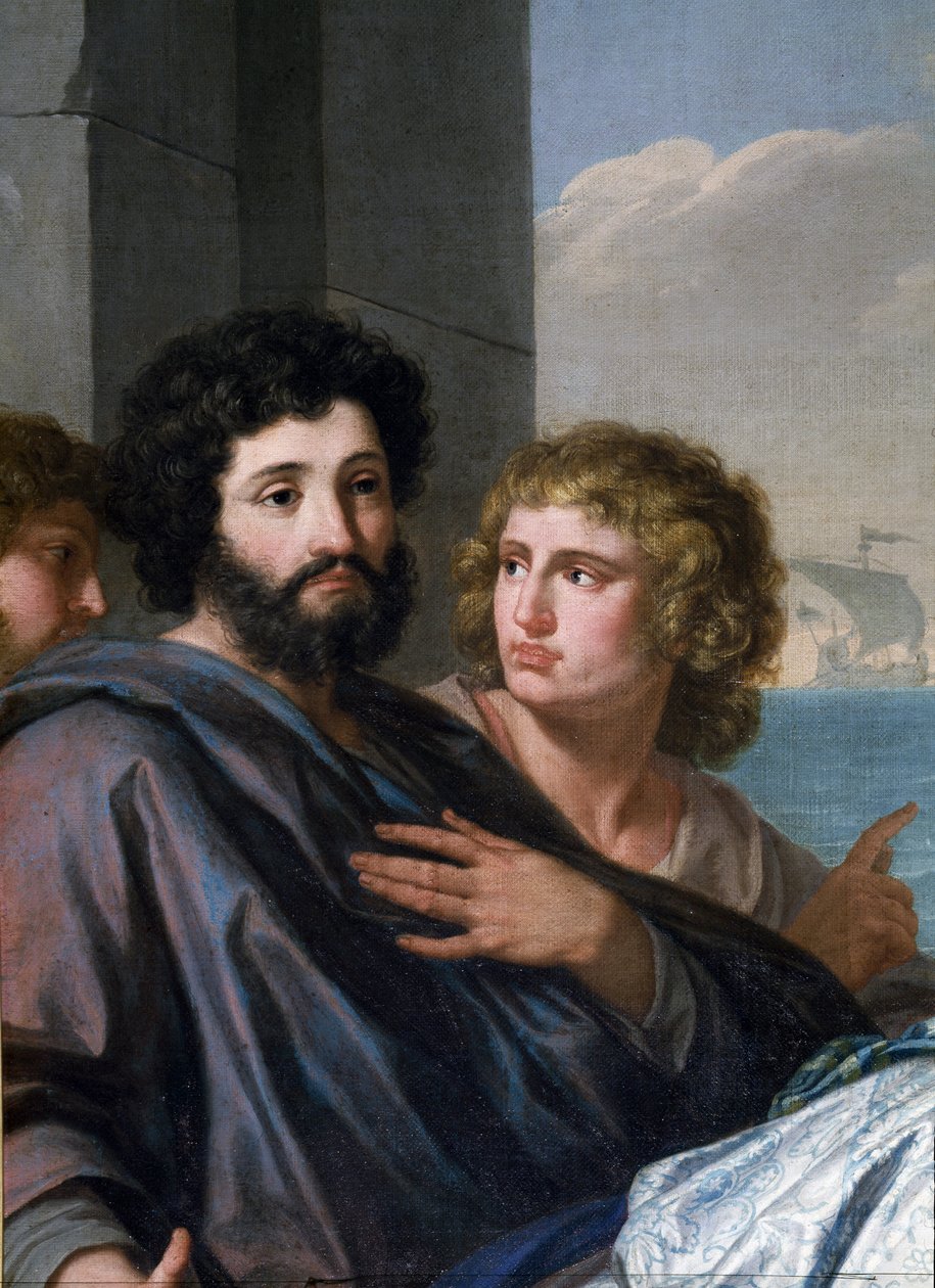 Sankta Paula (Santa Paola Romana) på väg till det Heliga landet. Som änka vid 33 års ålder följde hon Sankt Hieronymus och gav sig 385 av med sin dotter Sainte Eustochium på en pilgrimsfärd till de heliga platserna. Detalj av en man med skägg (Sankt Hieron av Giuseppe Bottani