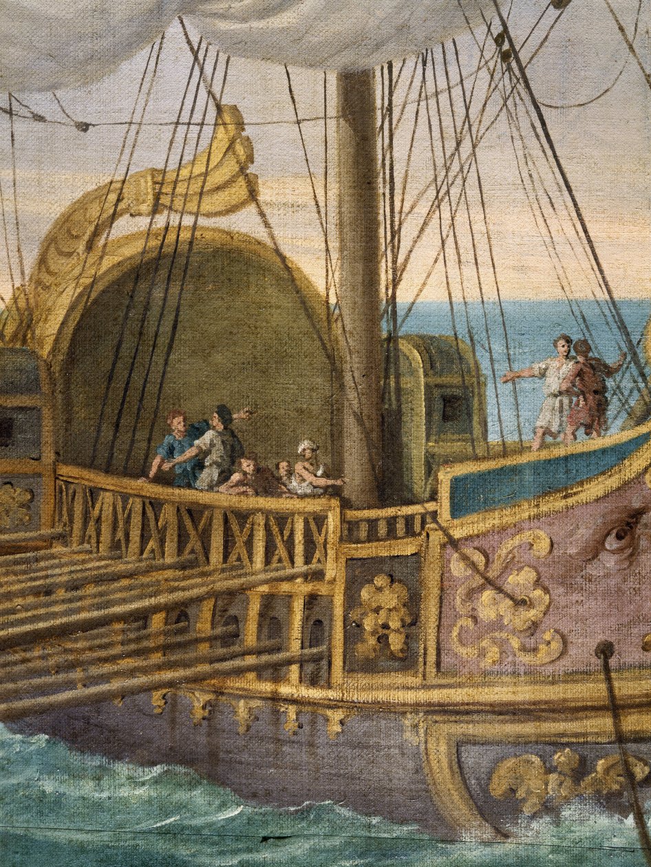 Sankta Paula (Santa Paola Romana, 347-406,) på väg till det Heliga landet, detalj av båten. Som änka vid 33 års ålder följde hon den helige Hieronymus och gav sig 385 av med sin dotter Sainte Eustochium på en pilgrimsfärd till de heliga platserna. Målning  av Giuseppe Bottani