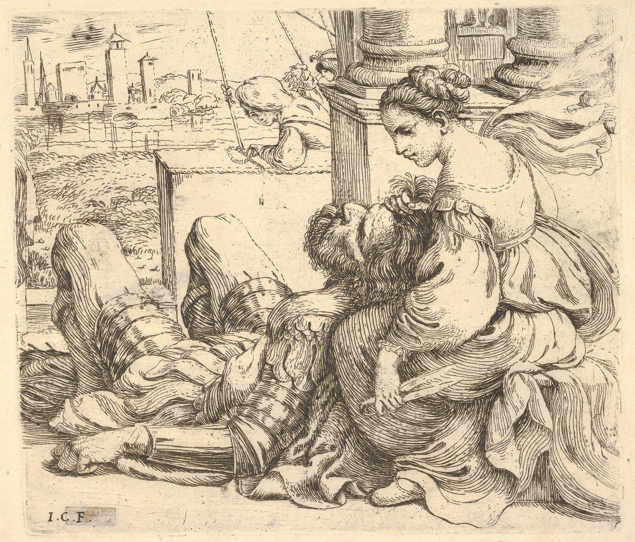Delila håller i Samsons hår och en sax, 1620-30. av Giuseppe Caletti