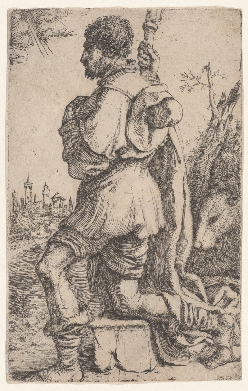 Saint Roch, knästående på en sten, sedd från sidan med sin hund bakom sig..., 1620-30. av Giuseppe Caletti