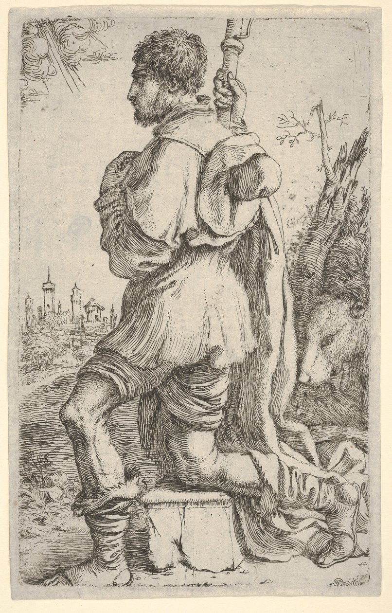 Saint Roch, på knä på en sten, sedd från sidan med sin hund bakom sig och en städer..., 1620-30. av Giuseppe Caletti