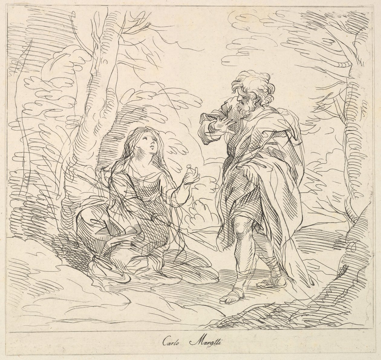 Sittande kvinna och skäggig man i ett landskap, 1740-1802. av Giuseppe Canale