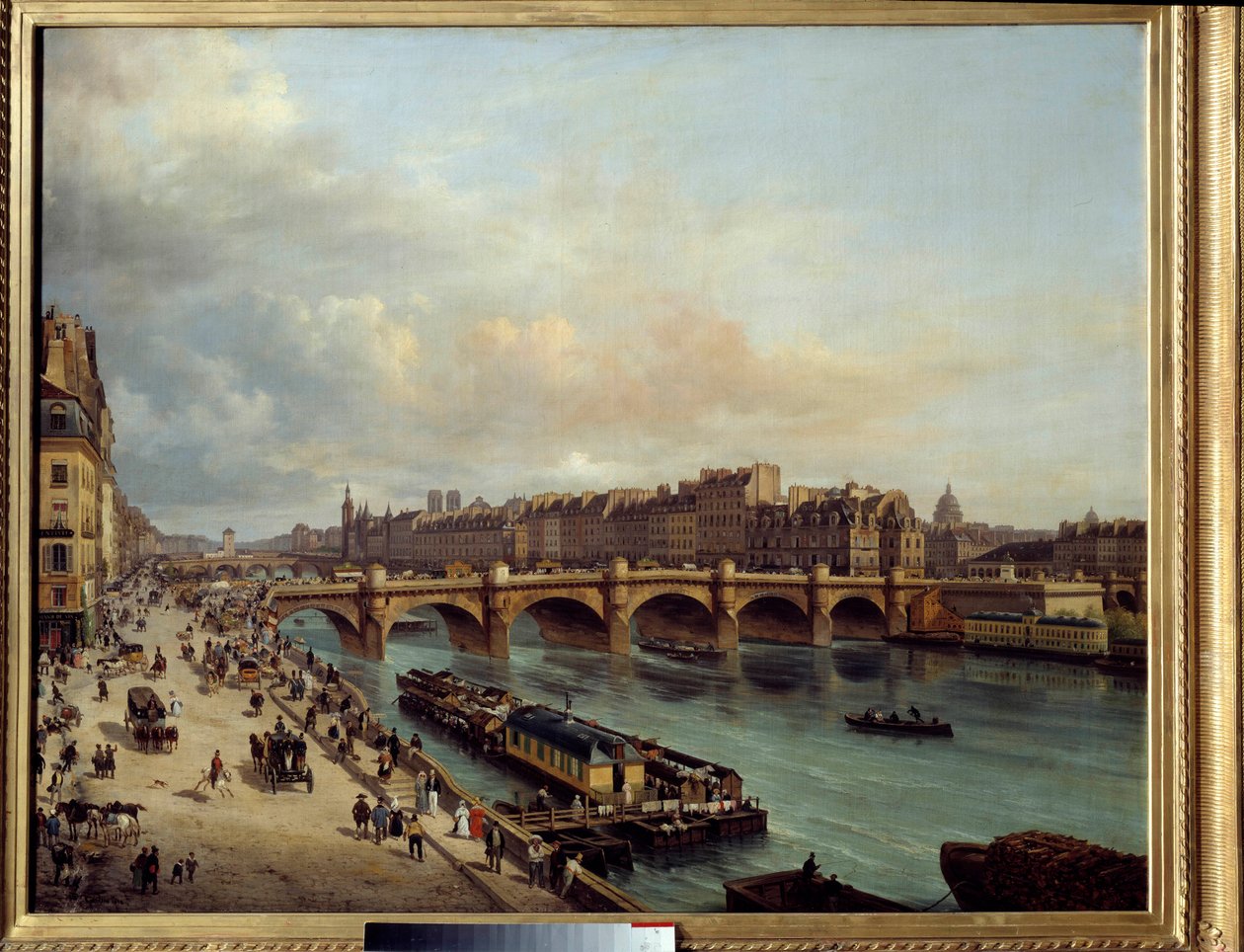 La cite et le Pont Neuf sett från Quai du Louvren I förgrunden en båttvätt (båttvätt) och den stora aktiviteten vid Seines strand. Målning av Canella Giuseppe Canella l