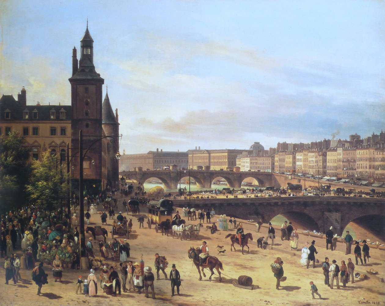 Blomstermarknaden, klocktornet, Pont au Change och Pont Neuf av Giuseppe Canella
