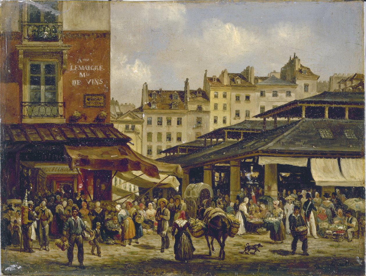 Les Halles och Rue de la Tonnellerie, ca 1828 (olja på duk) av Giuseppe Canella