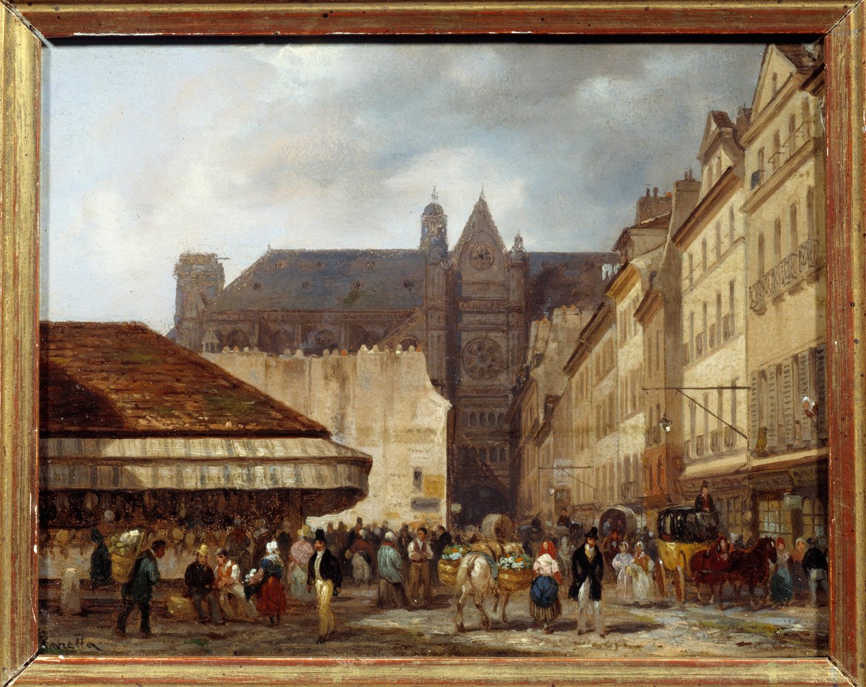 Rue des Prouvaires och kyrkan Saint Eustache (Quartier des Halles) i Paris. Målning av Giuseppe Canella (1788-1847) Ec.ital. av Giuseppe Canella