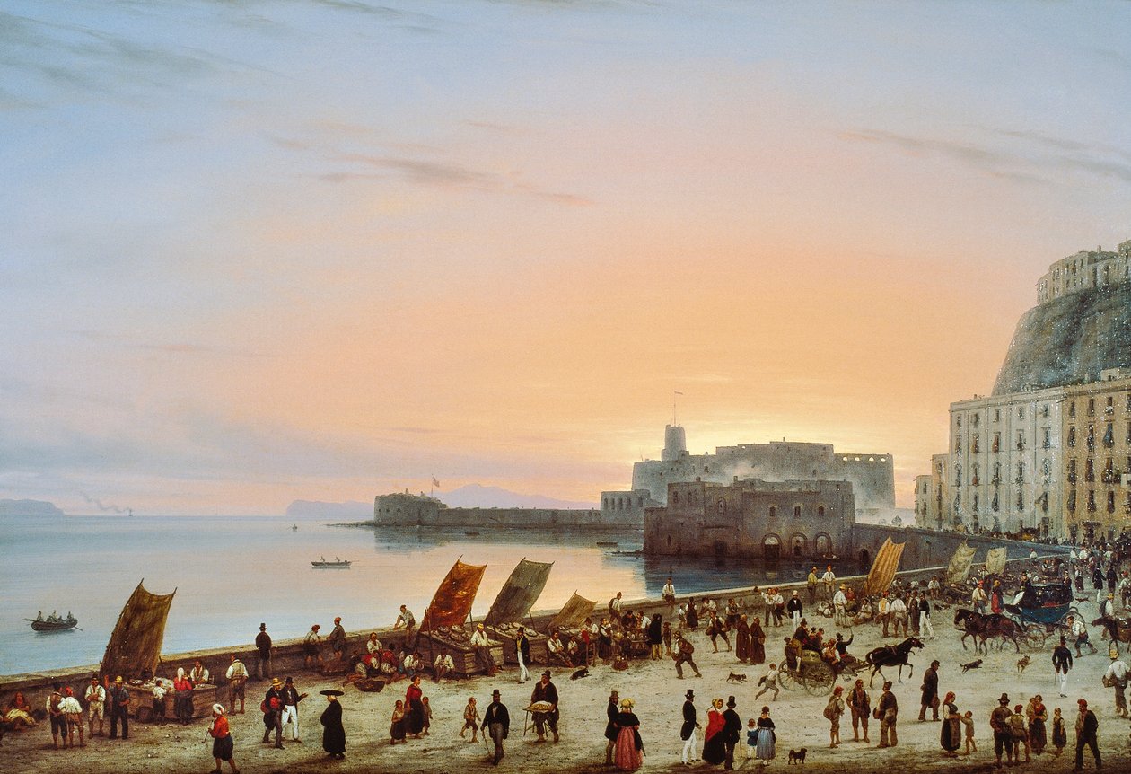 Solnedgång vid napolitansk strand, ca 1838, av Giuseppe Canella (1788-1847), olja på duk, 90x135 cm av Giuseppe Canella