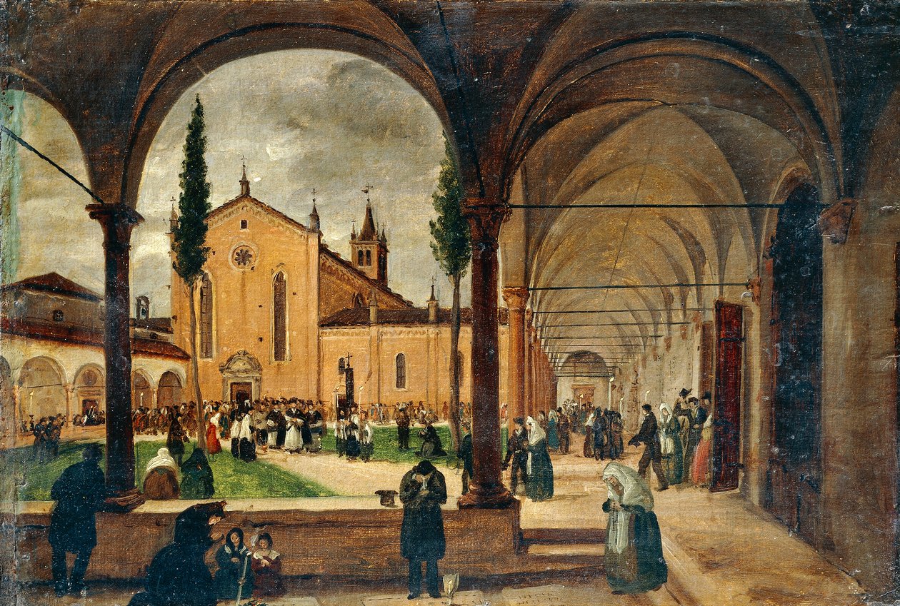 The Cloister of St Bernardino, av Giuseppe Canella (1788-1847), olja på duk, 29x42 cm. av Giuseppe Canella