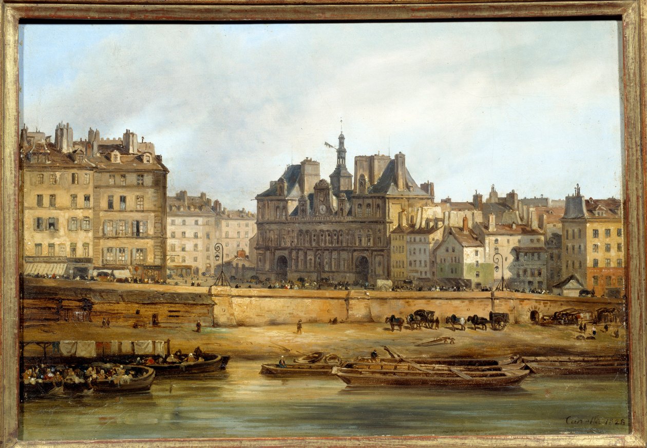 Stadshuset och Place de Greve sett från Ile de la Cite i Paris. Målning av Giuseppe Canella (1788-1847) EC.ITAL. av Giuseppe Canella