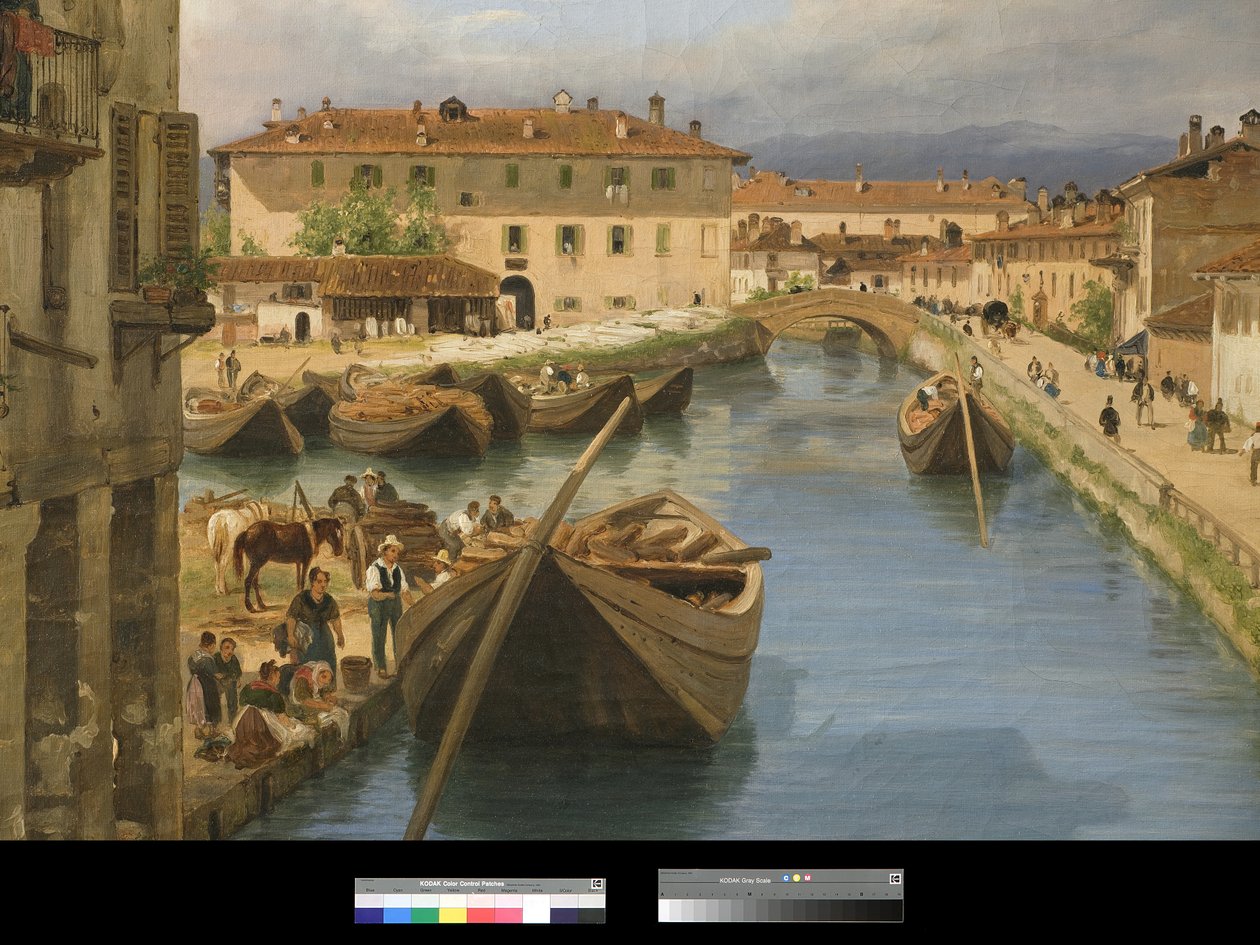 Utsikt över Naviglio-kanalen från San Marco-bron i Milano, 1834 av Giuseppe Canella