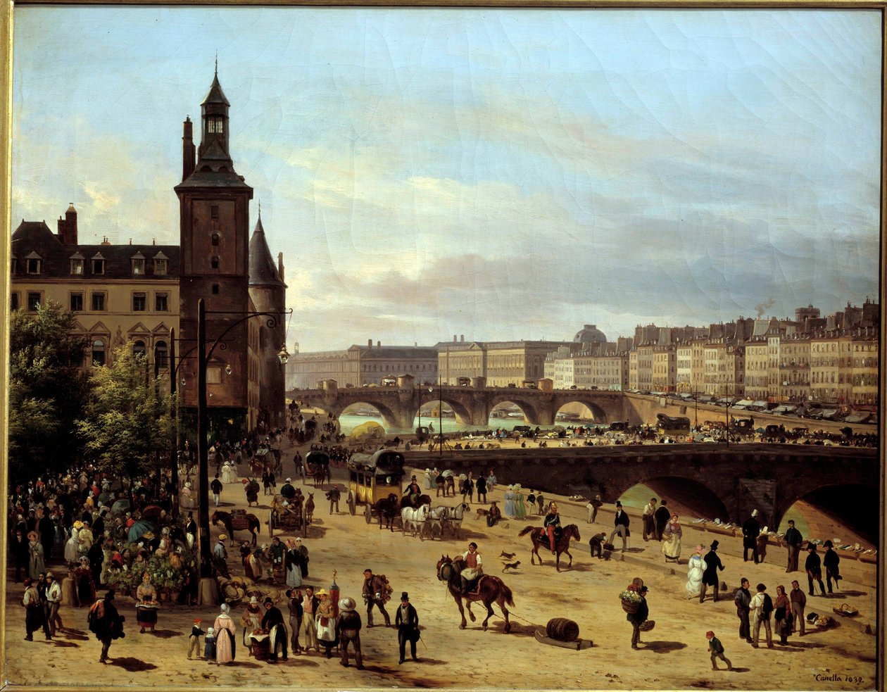 Utsikt över Flower Walk, Klocktornet, Pont au Change och Pont-Neuf i Paris Målning av Giuseppe Canella l