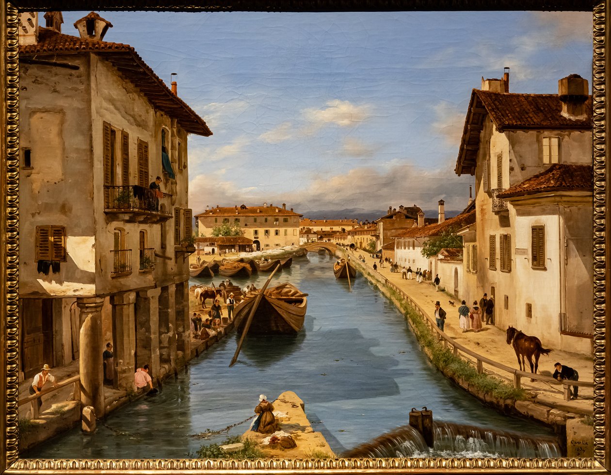 Utsikt över Naviglio-kanalen från St. Markus bron, ca 1850 (olja på duk) av Giuseppe Canella