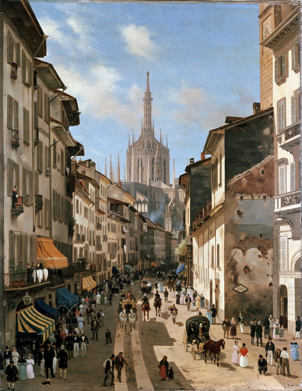 Utsikt över gatan Corsia dei Servi (målning, ca 1839) av Giuseppe Canella