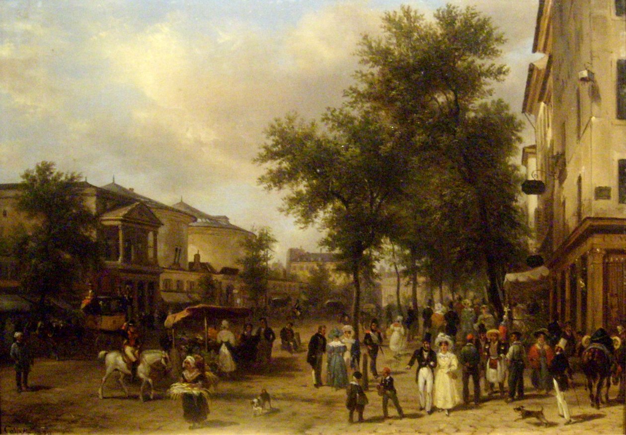 Vy över Boulevard Montmartre, Paris [visar Théâtre des Variétés och Passage des Panoramas]. av Giuseppe Canella