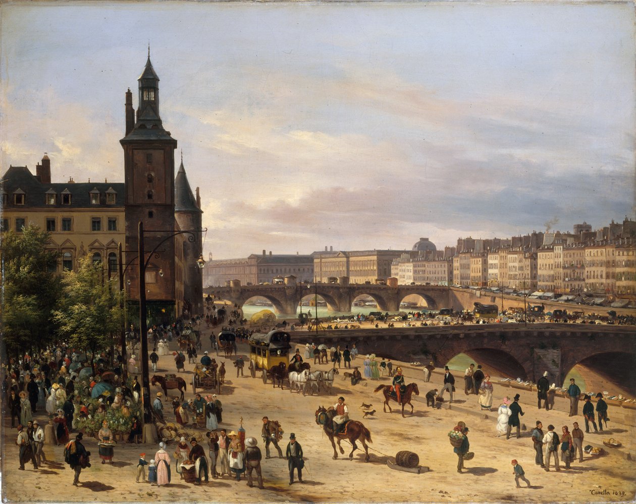 Blomstermarknaden, klocktornet, Pont au Change och Pont-Neuf, 1832. av Giuseppe Canella the Elder