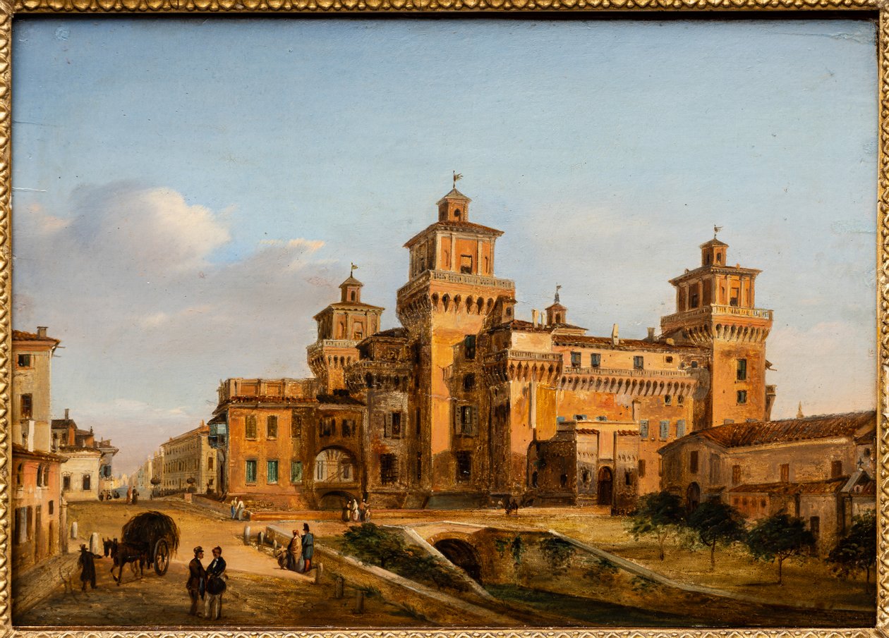 Ferrara Castle (olja på pannå) av Giuseppe Chittò Barucchi