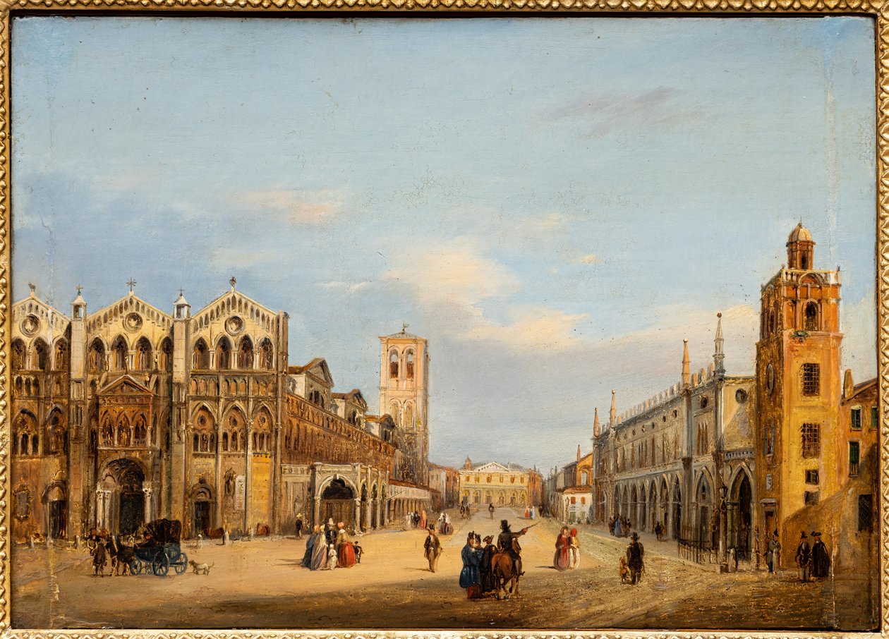 Trento- och Triesttorget i Ferrara (olja på pannå) av Giuseppe Chittò Barucchi