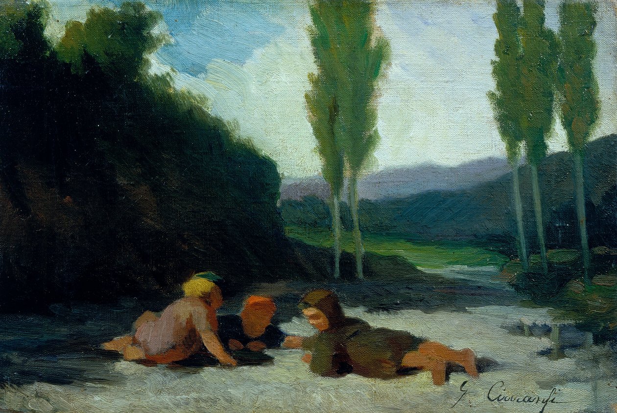 Barn som leker vid en flodstrand (olja på duk) av Giuseppe Ciaranfi