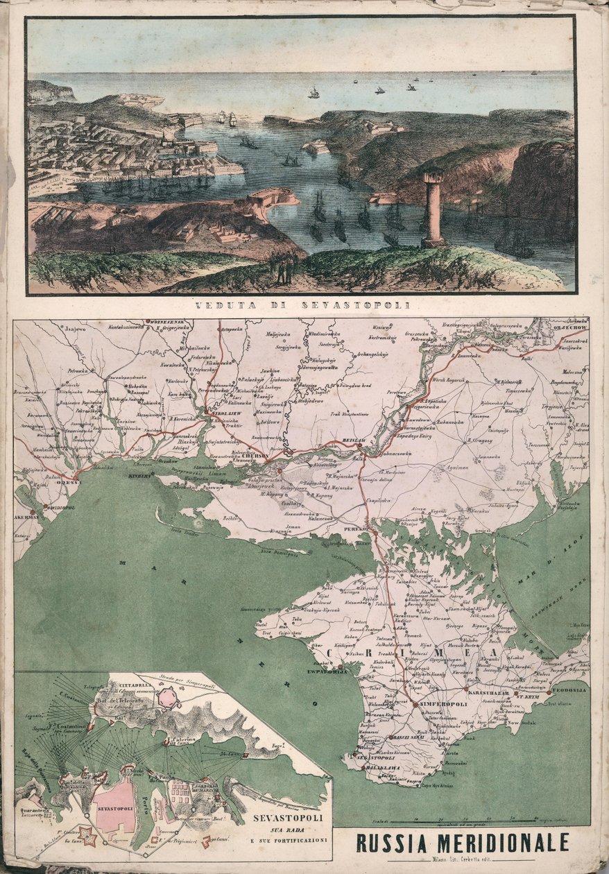 Karta över södra Ryssland med utsikt över Sevastopolbukten och dess befästningar, 1853. av Giuseppe Civelli