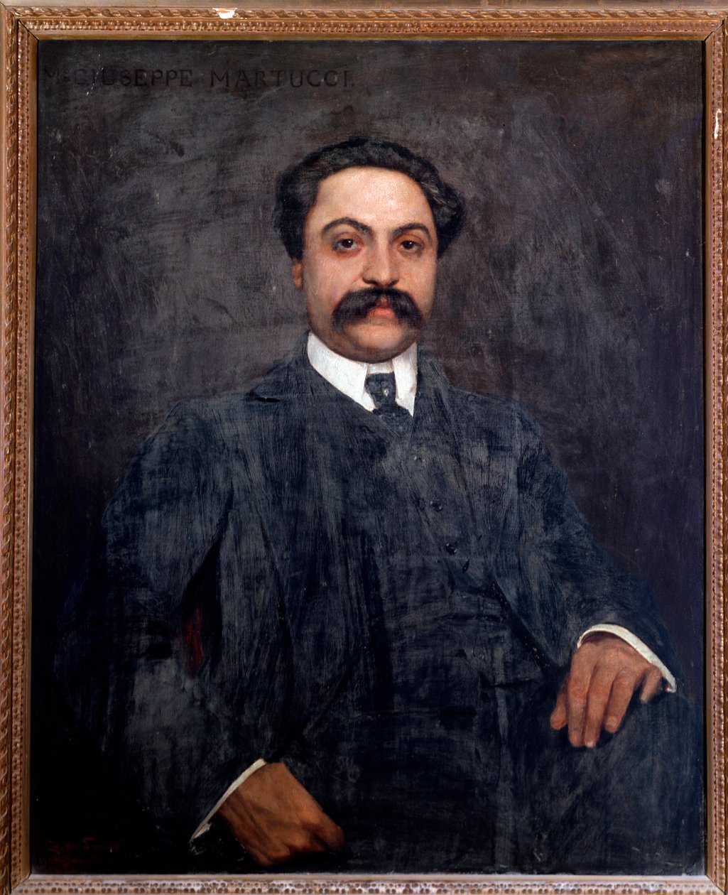 Porträtt av Giuseppe Martucci (1856-1909) italiensk kompositör, dirigent, pianist och lärare Målning av Giuseppe de Sanctis (1858-1924) 1904 Bologna, medborgarmusikmuseum av Giuseppe De Sanctis