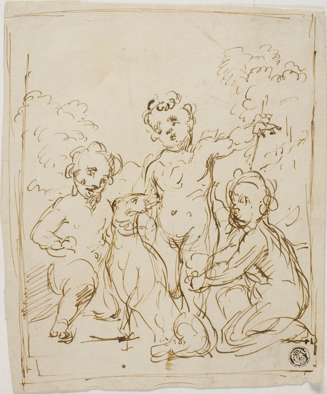 Tre putti och en hund i ett landskap av Giuseppe Diamantini